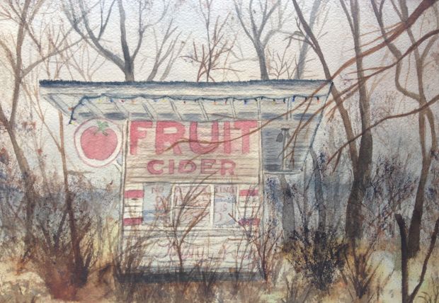 "Abandoned Fruit Stand on Old National Road" watercolor by Kate Brandes