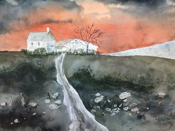 "House and Sun" watercolor by Kate Brandes