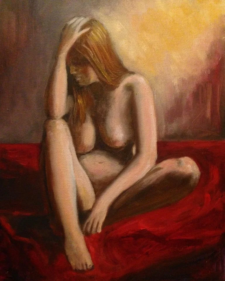 "Regret" oil on canvas, 12x16'' This oil sketch fell so short of the vision in my head, and I'm embarrassed to share it. But it does illustrate my feelings of vulnerability.