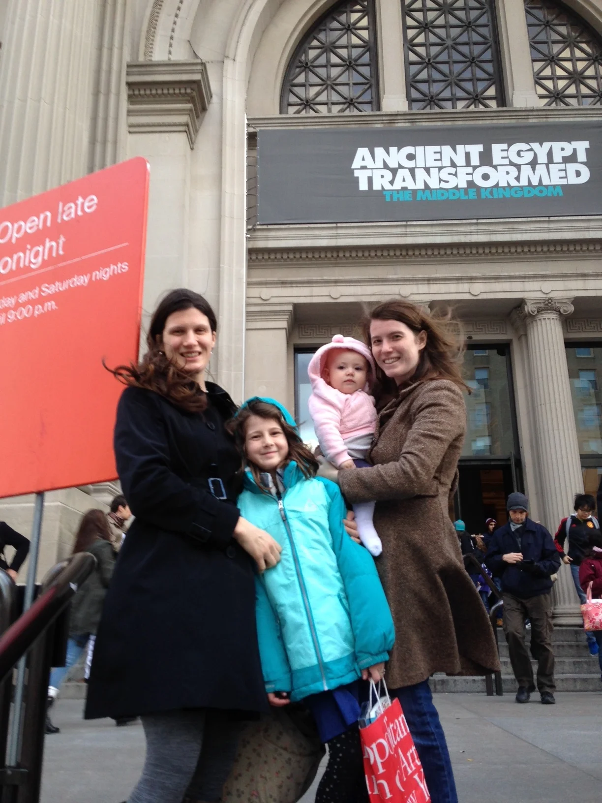 Uncle Carl took a picture of Nell, Aunt Karen, cousin Natalie, and me. We are happily tired after a long day looking at art and walking a lot . Or, just being carried a lot, in baby Natalie's case.