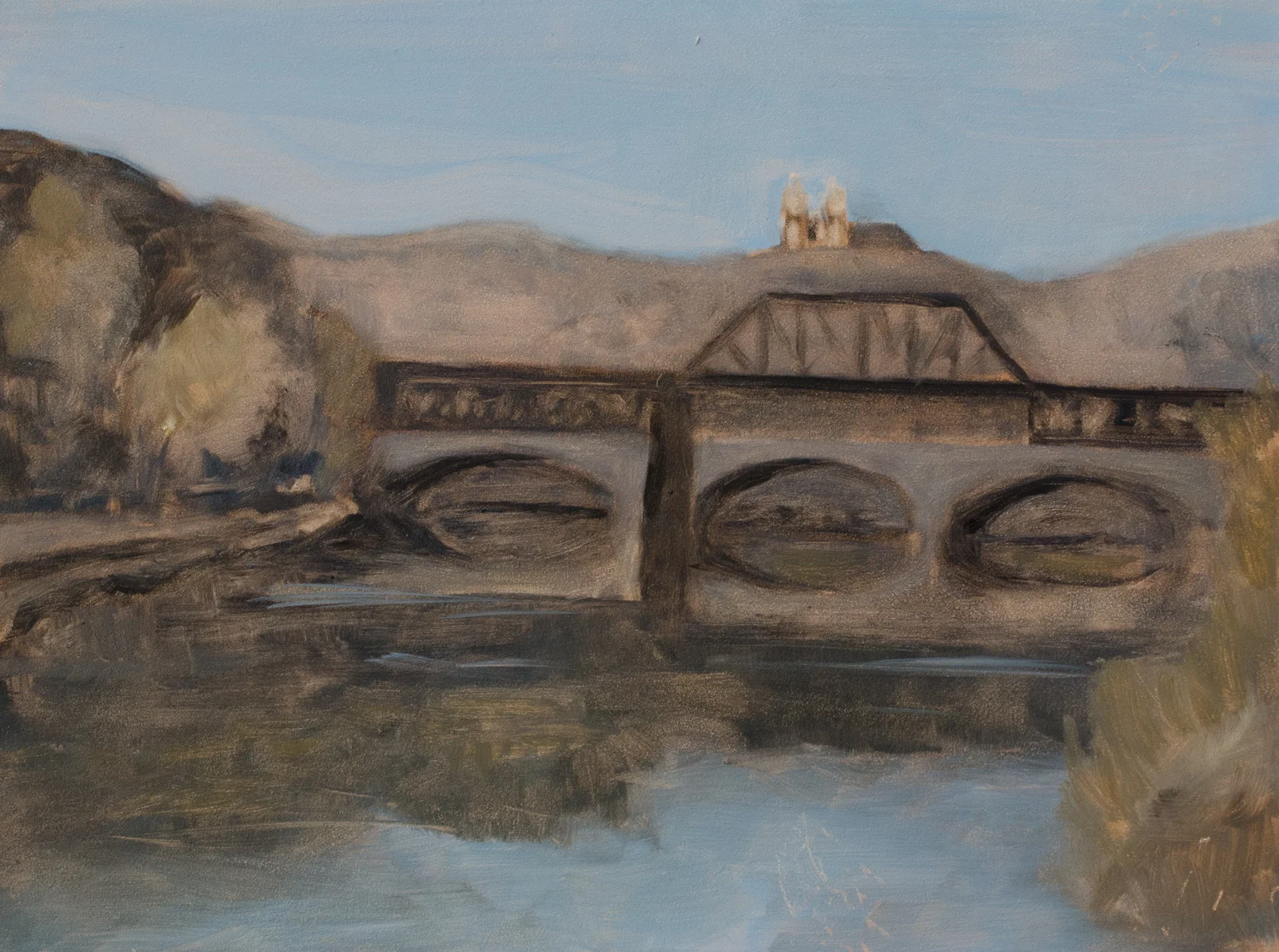 "Bridge Over the Lehigh River" oil on gessoboard, 9x12'' 
