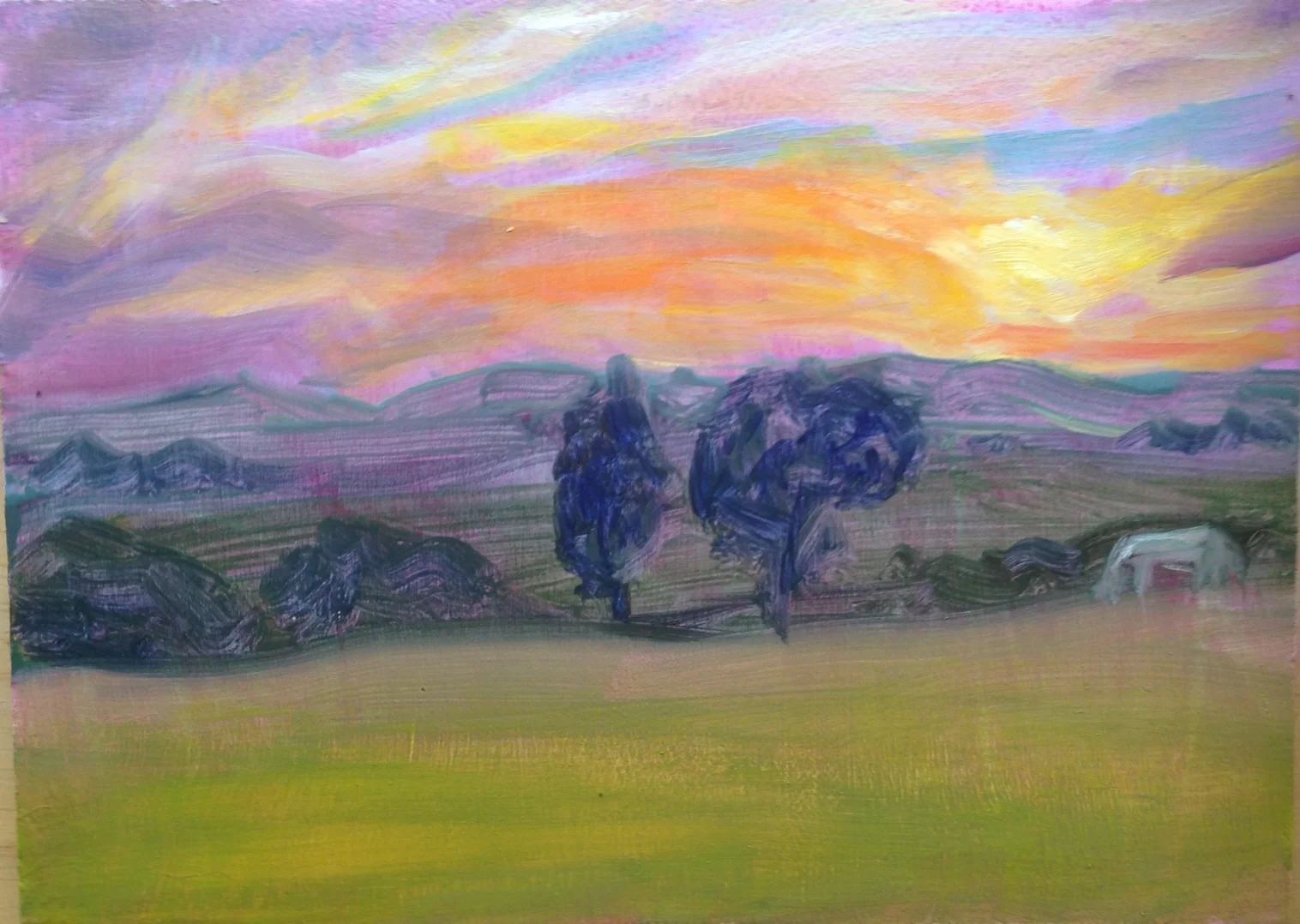 "Sunset and a White Horse" oil on board, 5x7"