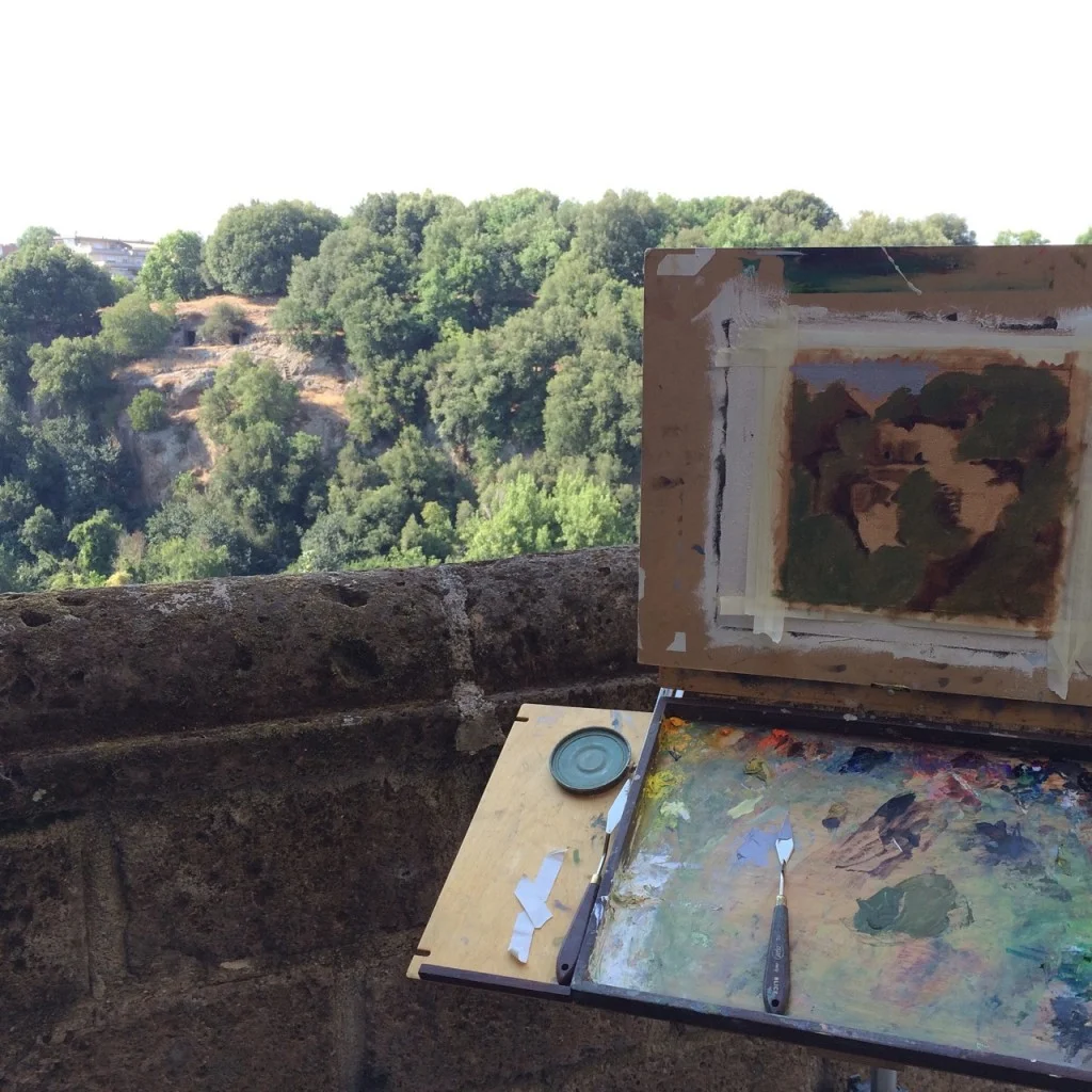A landscape-in-progress in Civita, Italy. I assume this is Antrese Wood's painting. I found this photograph on her Savvy Painter webiste, relating to the JSS in Civita podcast.