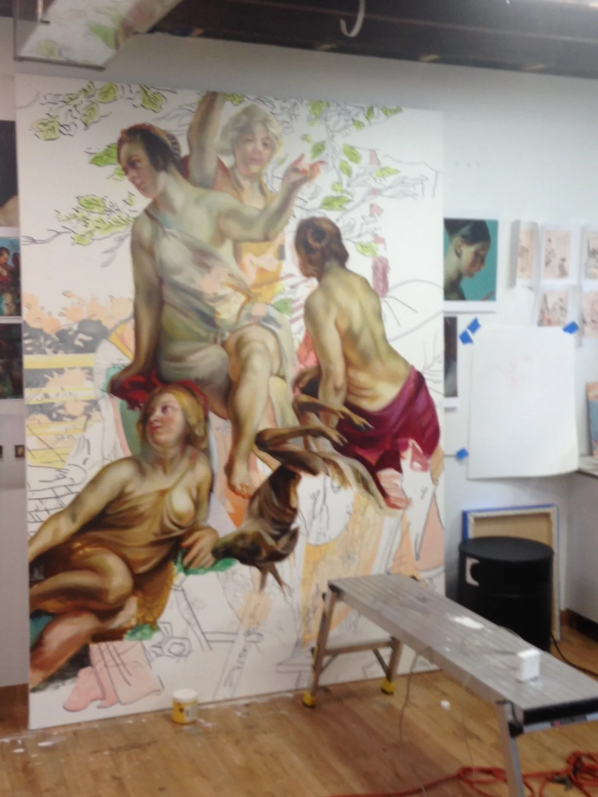 Walking into Angela Fraleigh's studio, in the basement of her house, the first thing I see is this floor-to-ceiling work-in-progress.