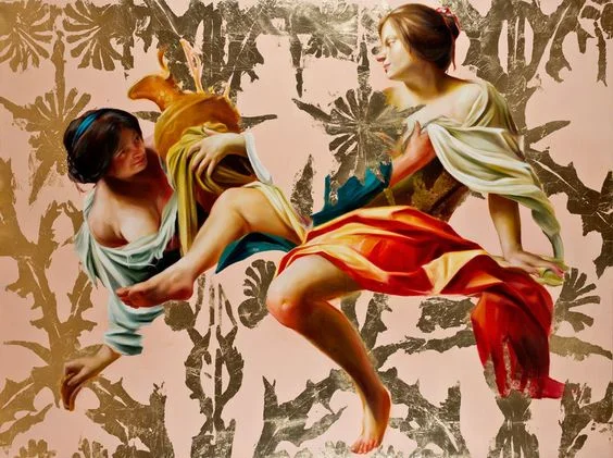 these things are your becoming oil and metal leaf on canvas, 66”x90”, 2014 (These are Lot's daughters, without Lot, lifted from a painting by Simon Vouet .)