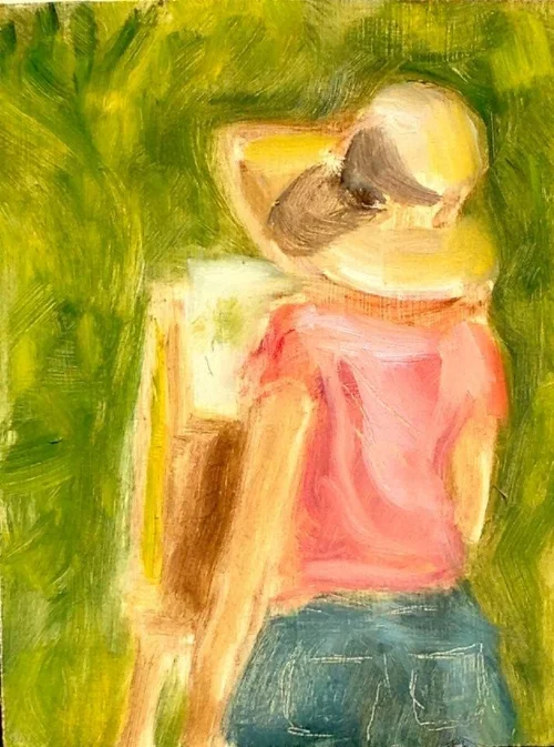 "Woman Painting Outdoors" a sketch of Adrienne at her easel, 4x5"