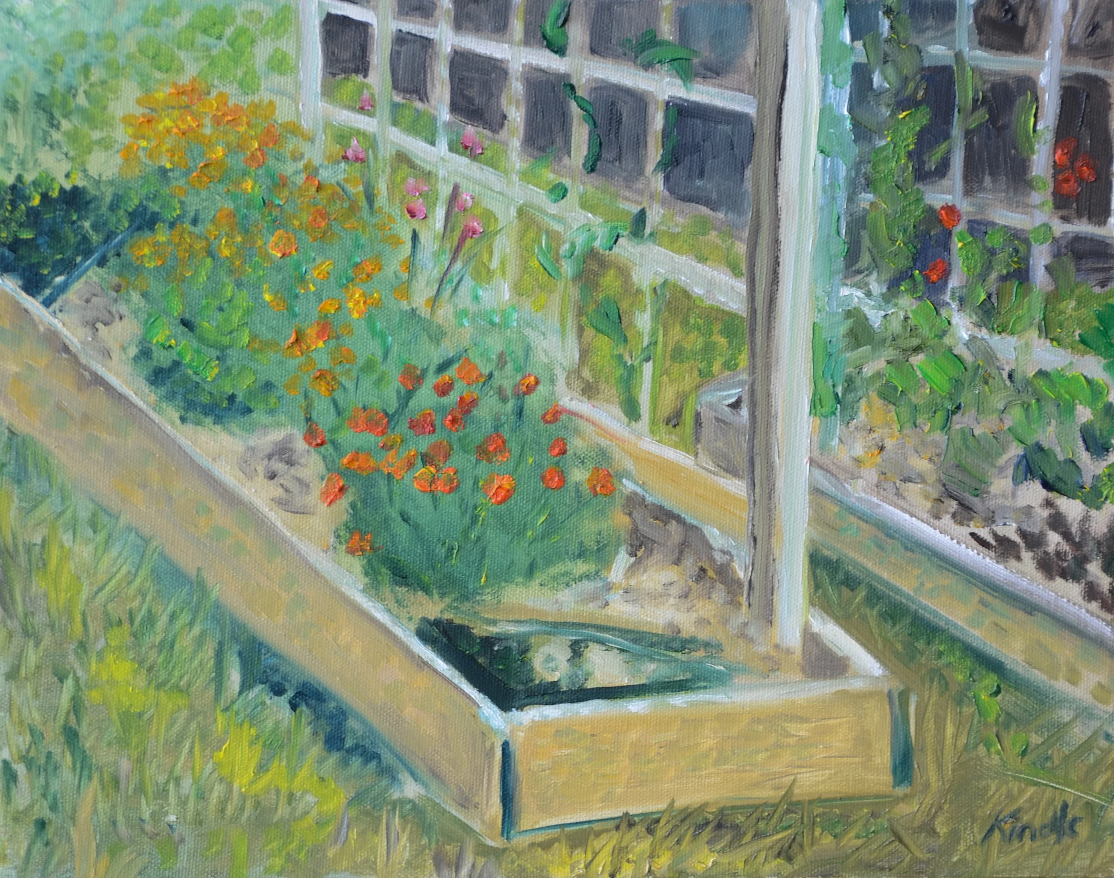 "Community Garden Marigolds" oil on canvas, 8x10" (From the private collection of Katherine Johnstone)