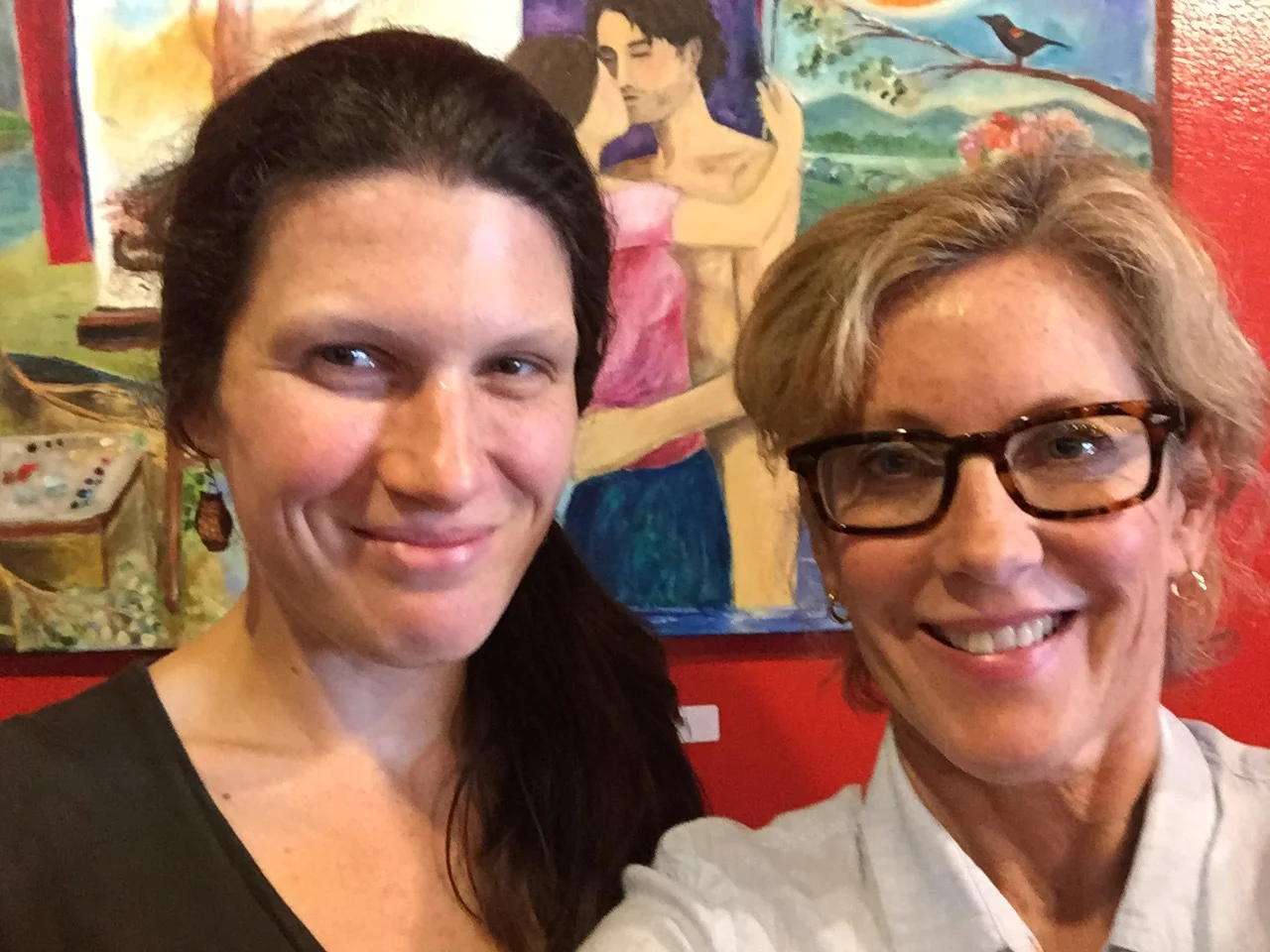 Elizabeth came to see my show. Here we are in front of one of my paintings at Cosmic Cup. We had coffee together and talked about art. I took lots of notes. She told me to " think of yourself as a professional, always ."