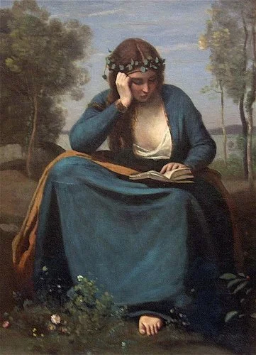"Woman Covered with Flowers, Reading" (1845) Corot