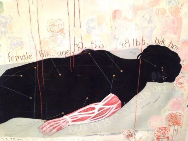 detail of "Beauty Examined" acrylic and collage by Kerry James Marshall, 1993