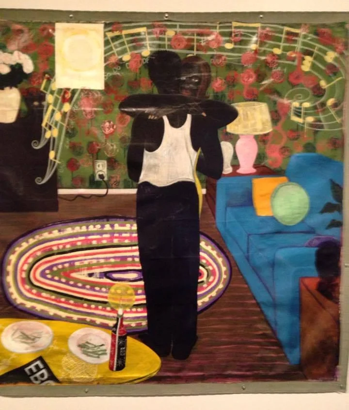 detail of "Slow Dance," a painting by Kerry James Marshall (You can see it's just a large canvas nailed to the wall, unstretched and unframed, like many of his paintings.)