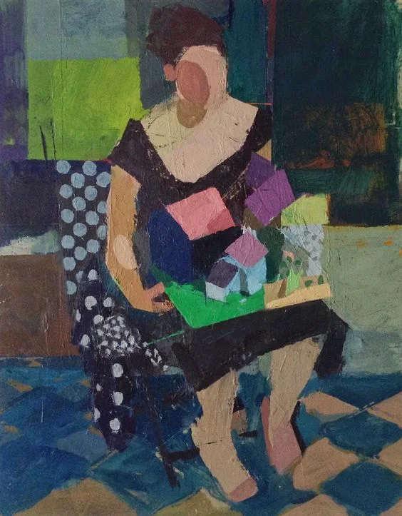 seated woman with landscape. 14 x 11 inches, acrylic on wood panel