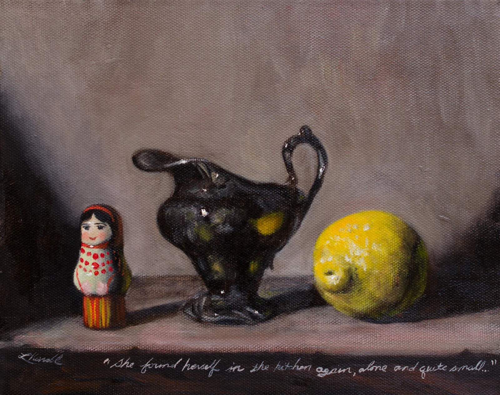 "She found herself in the kitchen again, alone and quite small..." oil on canvas, 8x10"