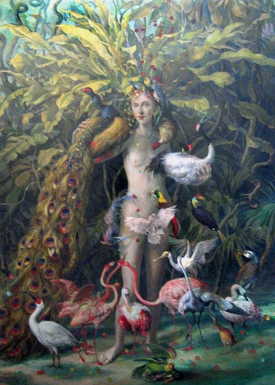 "Self Portrait as Bird Feeder," oil painting by Julie Heffernan