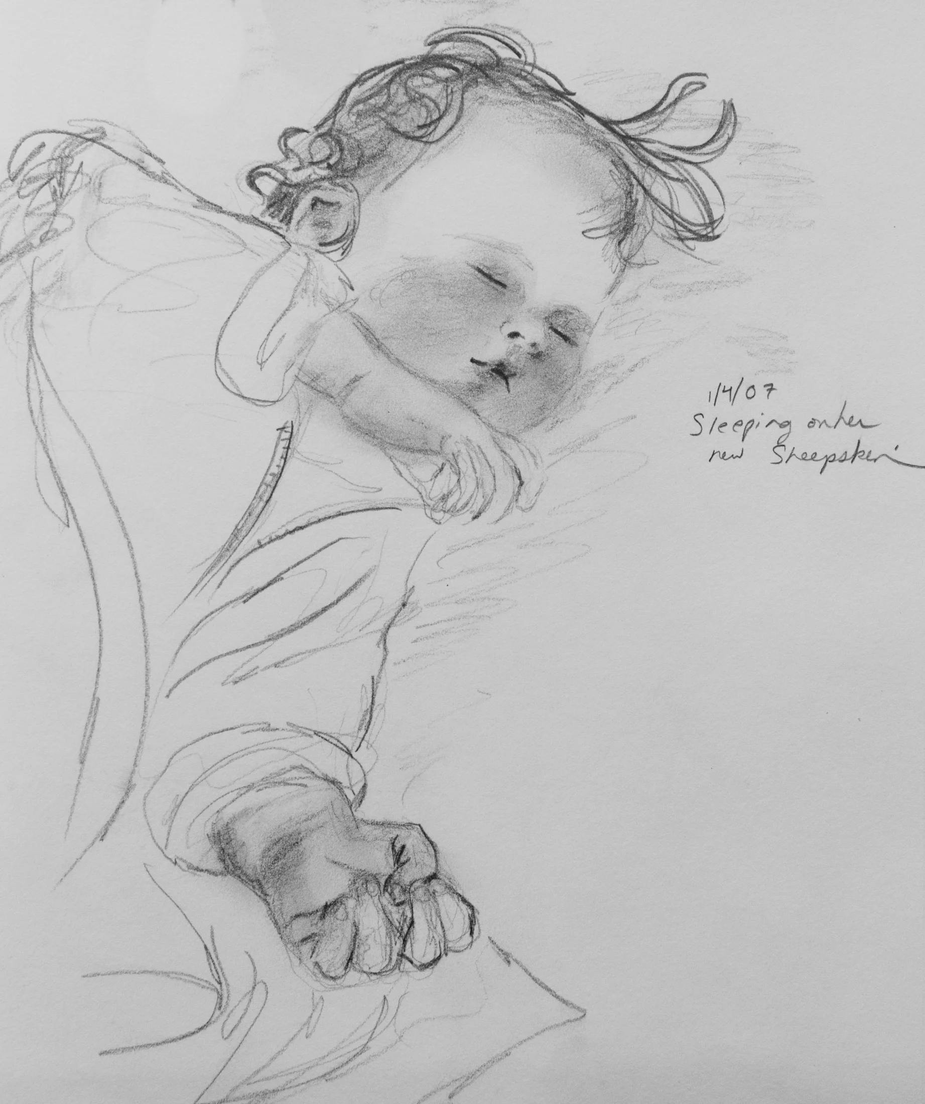 note: This is definitely dated incorrectly in the sketch. She didn't have curls in 2007. I think I just forgot the year changed to 2008.