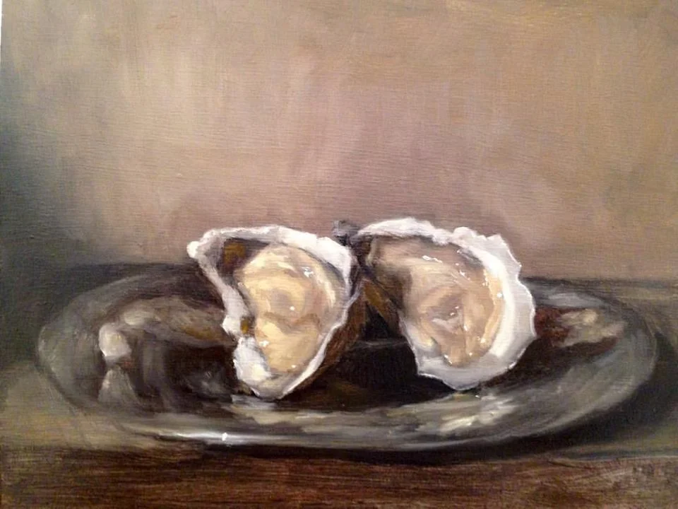 "Woman, Control Yourself!" oil on board, 8x10" (I put all my oyster paintings here .)