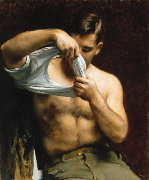 "Man Putting On His Shirt" painting by John Koch