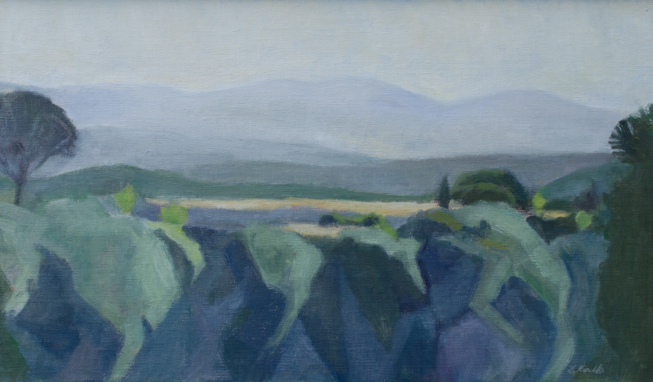 "Montagne del mattino" 8x13.5" linen mounted on board in a light-colored wooden floater frame, $300