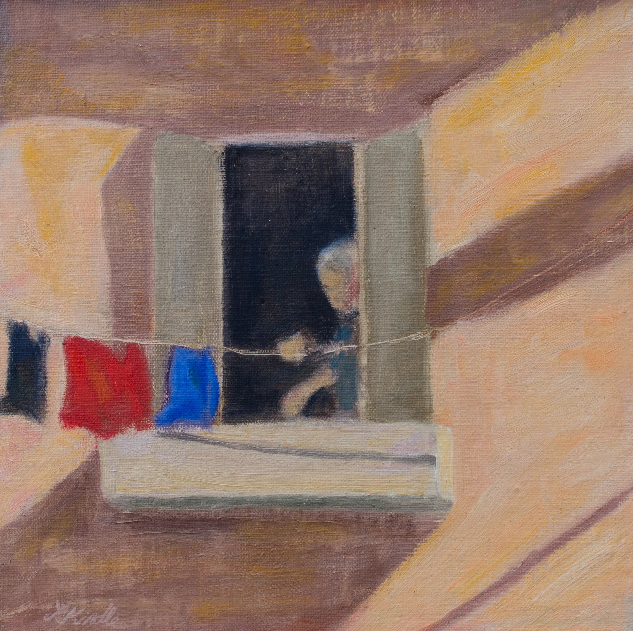 "Signora, per favore, non lavora!" oil on linen mounted on board, 8x8" with wooden floater frame. SOLD.