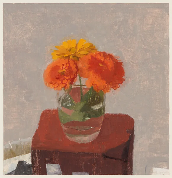 Three Zinnias in a Glass of Water oil on gessoed paper_9.75x9.375inches 2012 oil on gessoed paper 9.75 x 9.375"