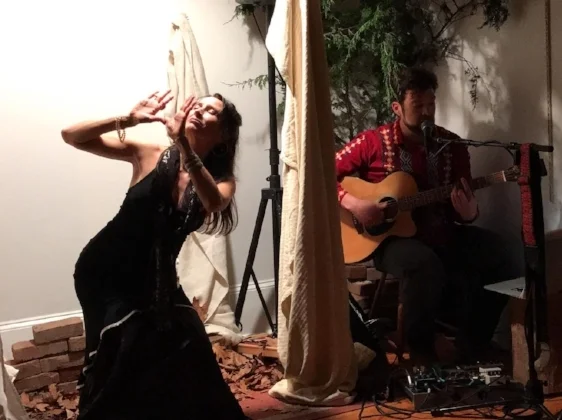 Ixeeya dancing while John sings! My studio turned into a forest-scene, the floor covered in fallen leaves... Photo Credit: Lauralee Longname