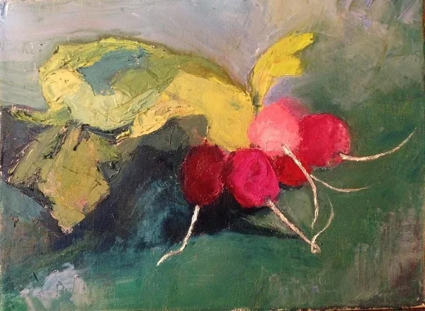 Radishes oil on canvas 9x12" (this is the painting my cat helped me with!)