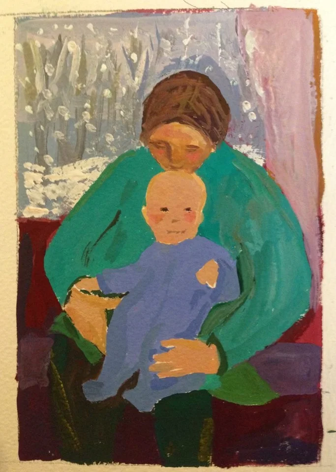 "Mother and Child on a Winter Day" 4x6" gouache on paper (2018)