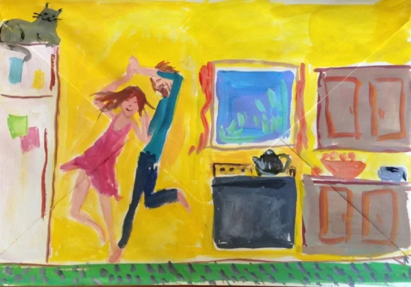 “Dancing in the Kitchen” gouache on an envelope (letter to my friend Emma)
