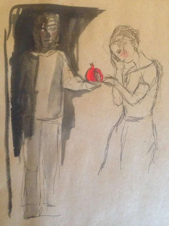 Hades offering his kidnapped bride a pomegranate , pen and gouache sketch, 8x10”