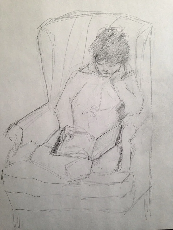 Morgan reading “Wings of Fire, Book 6” pencil on paper, 18x24 inches