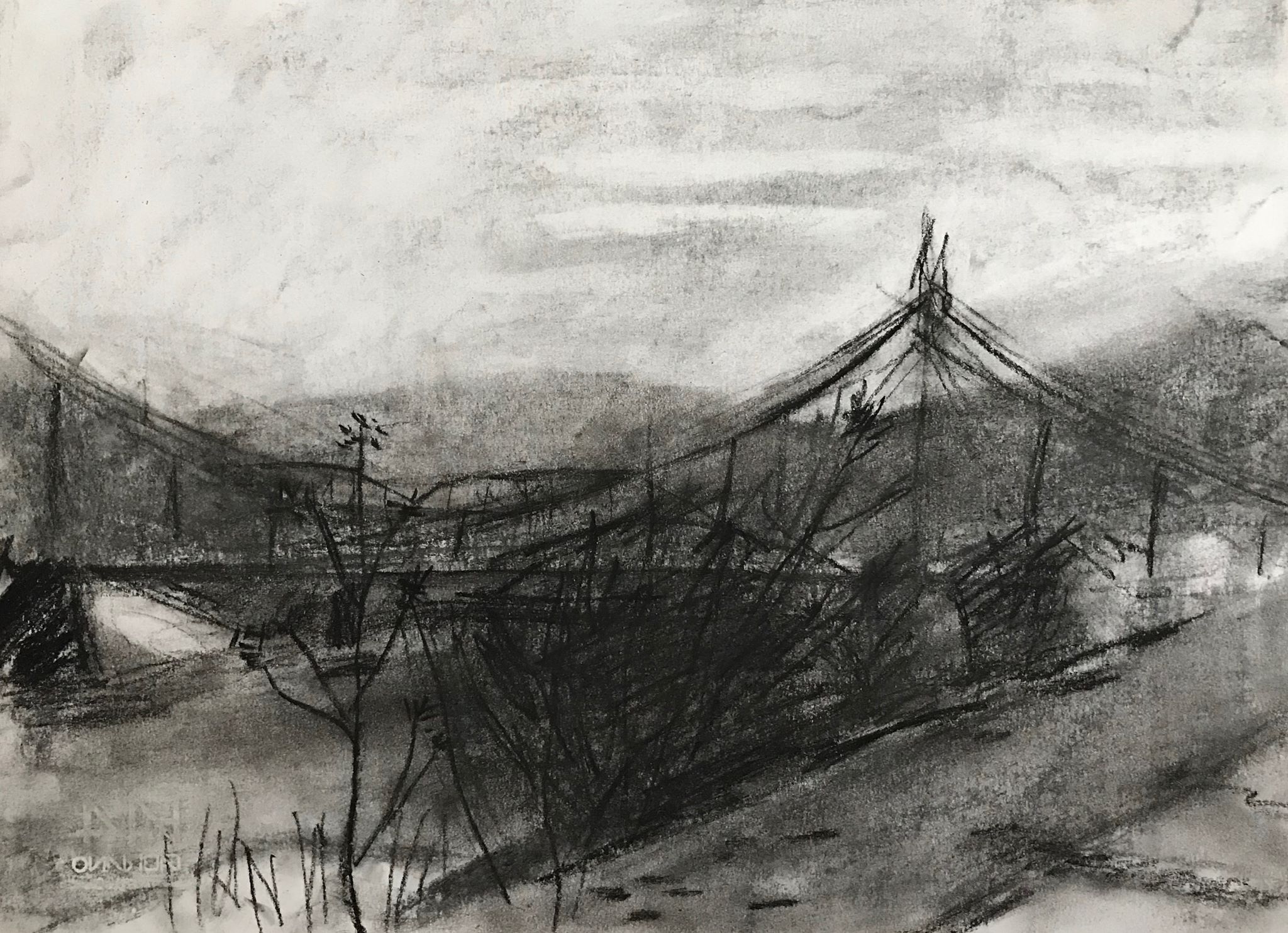 View from Riverside Park , charcoal on paper, 9.5x13.25 inches