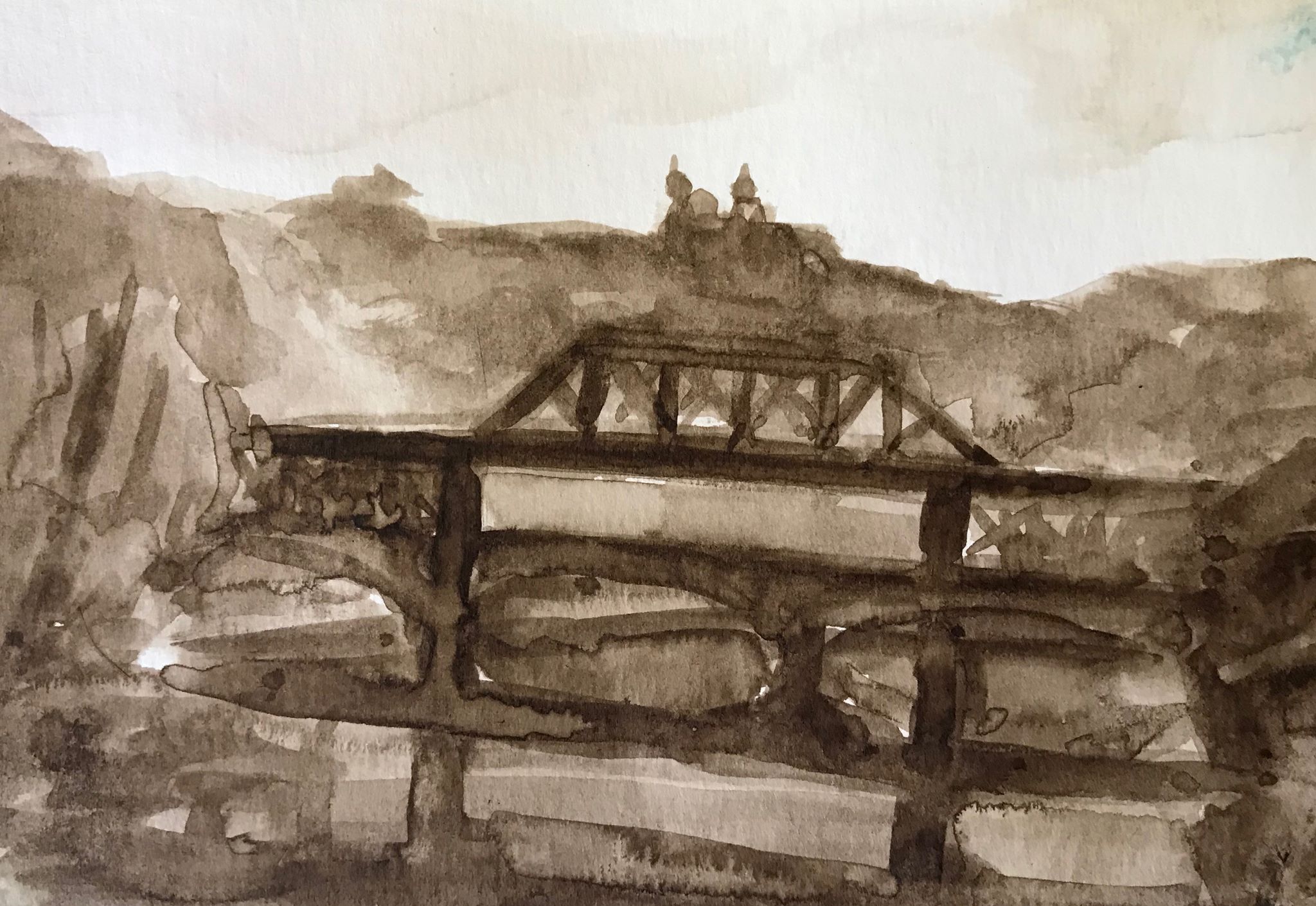 Bridge over the Lehigh (1), walnut ink on paper, 4x6 inches