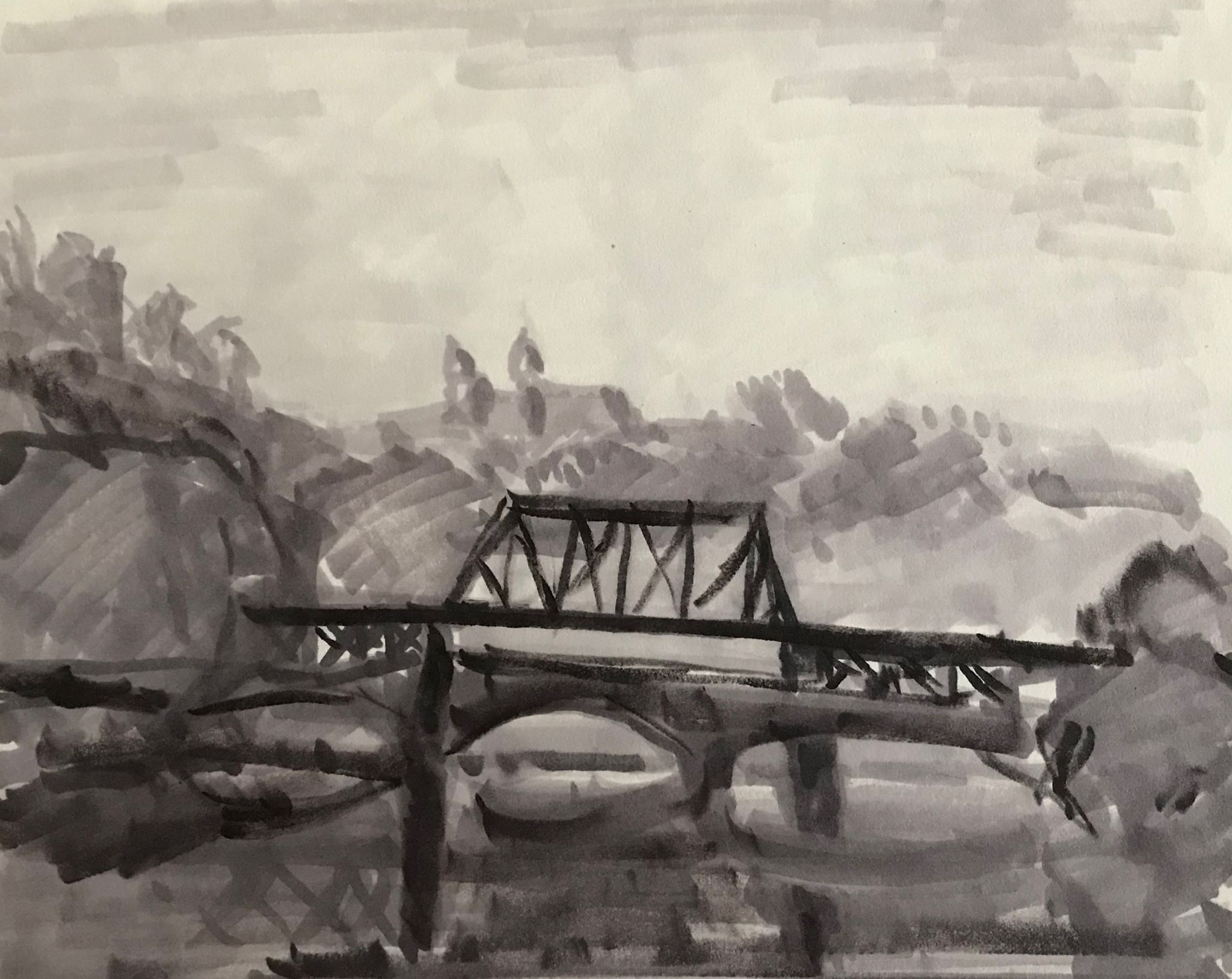 Bridge over the Lehigh (2), marker on paper, 4x6 inches