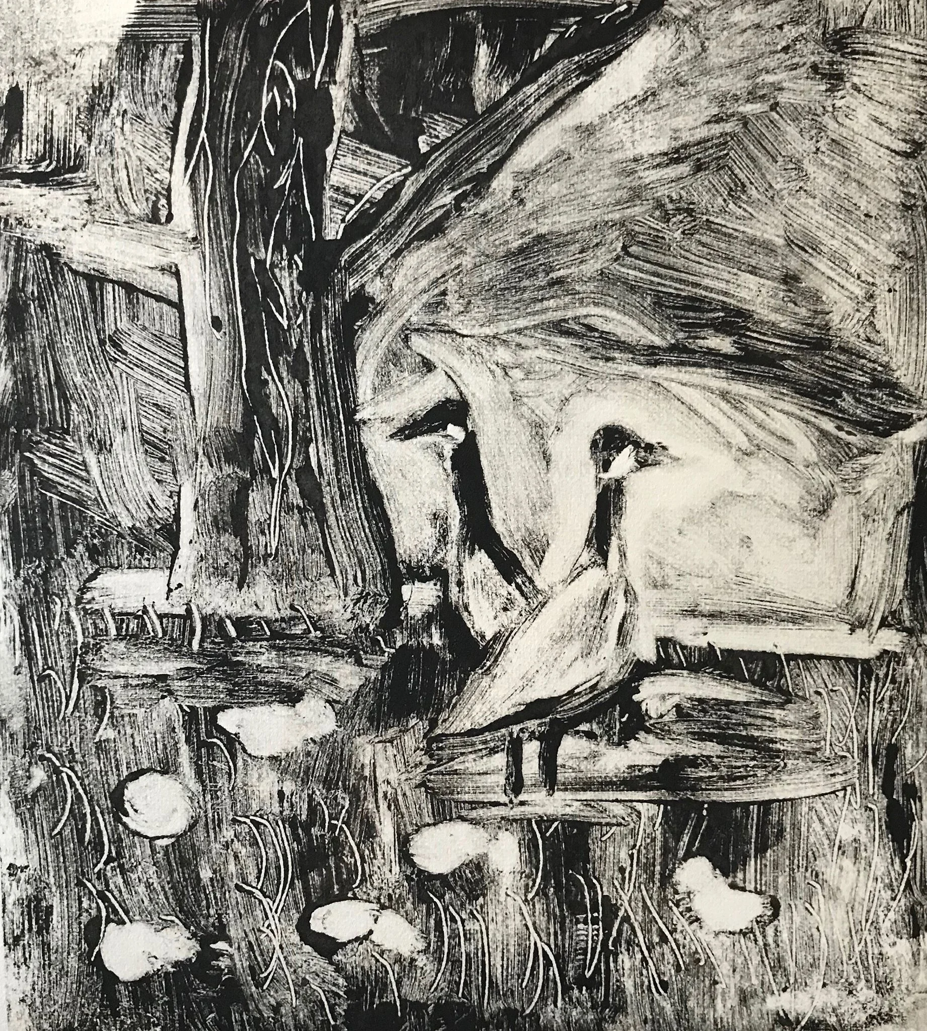 “Family of Geese” monotype, 6x6 inches