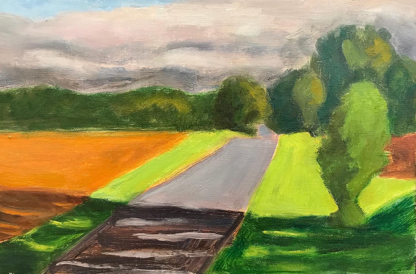 “Morning light on a farm road” oil on linen mounted on board, 7x10.5 inches