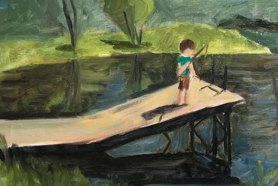 “Fishing at Grampy’s Pond” oil on linen mounted on board, 7x10 inches