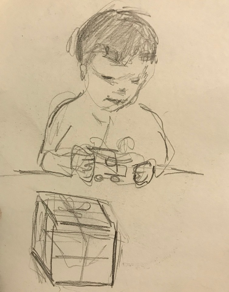 sketch of my 3-year-old nephew, Sully, playing with a toy truck More sketches of Sully: Toddler Encountering a Puddle
