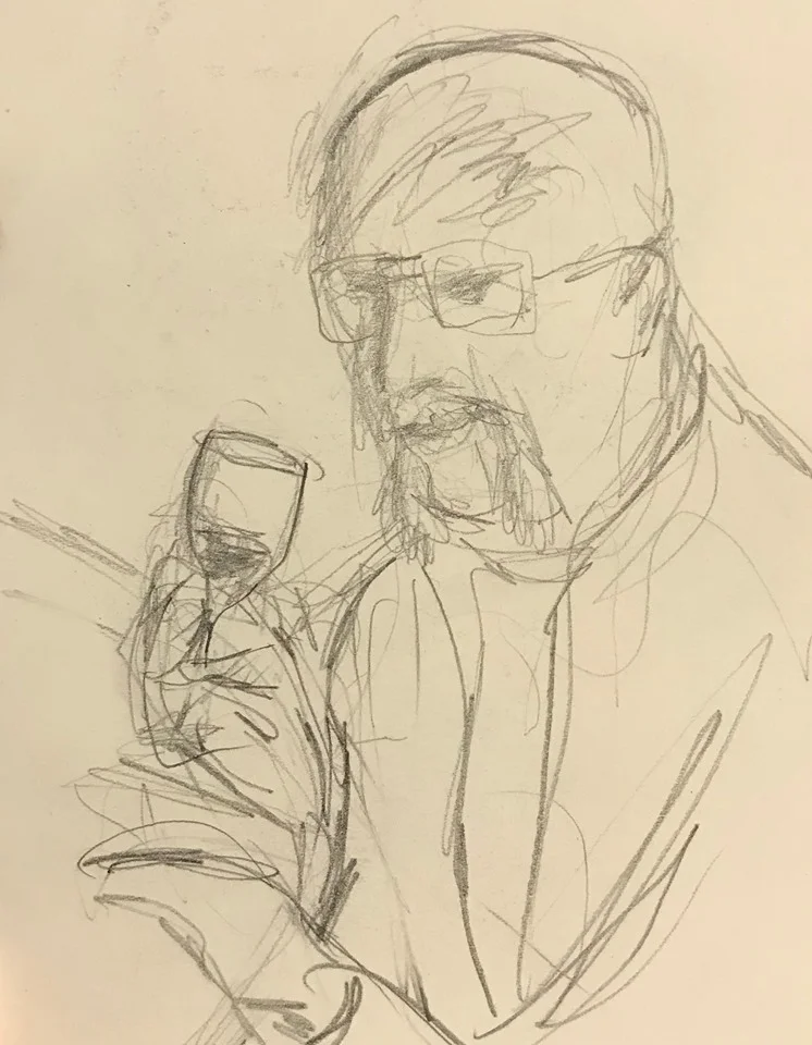 pencil sketch of Grampy drinking red wine