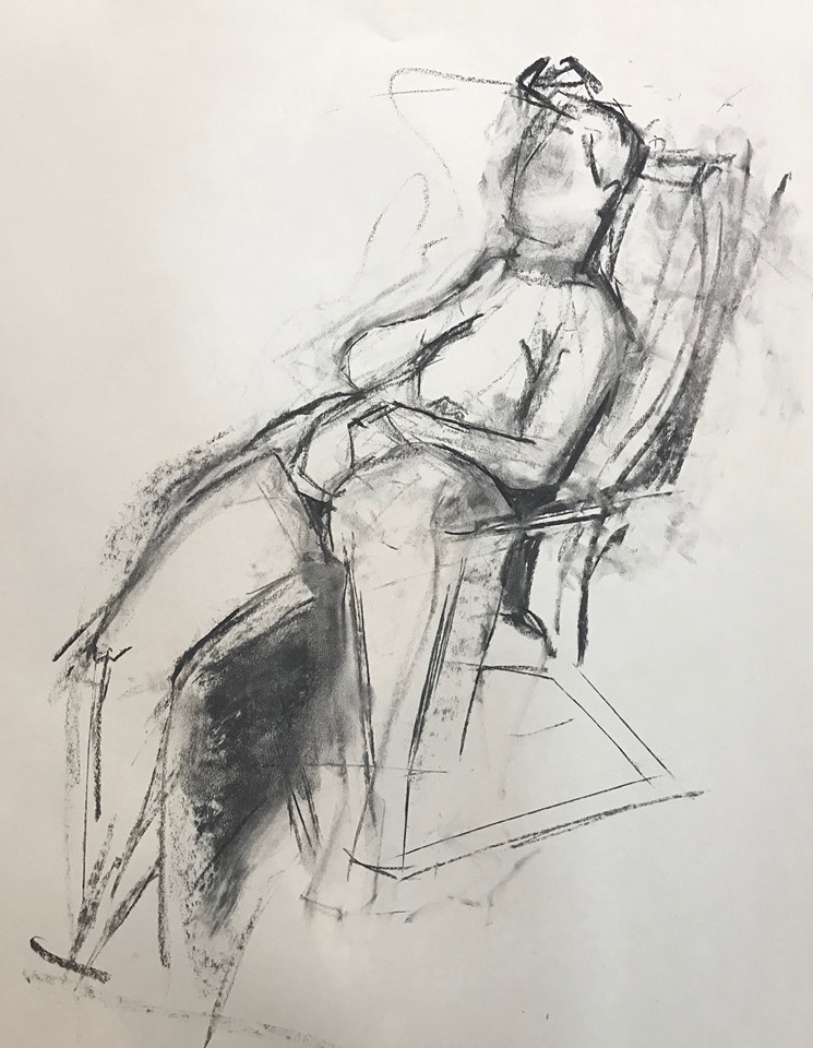 Figure reclining in a chair (1), charcoal on paper, 24x18 inches (my drawing)