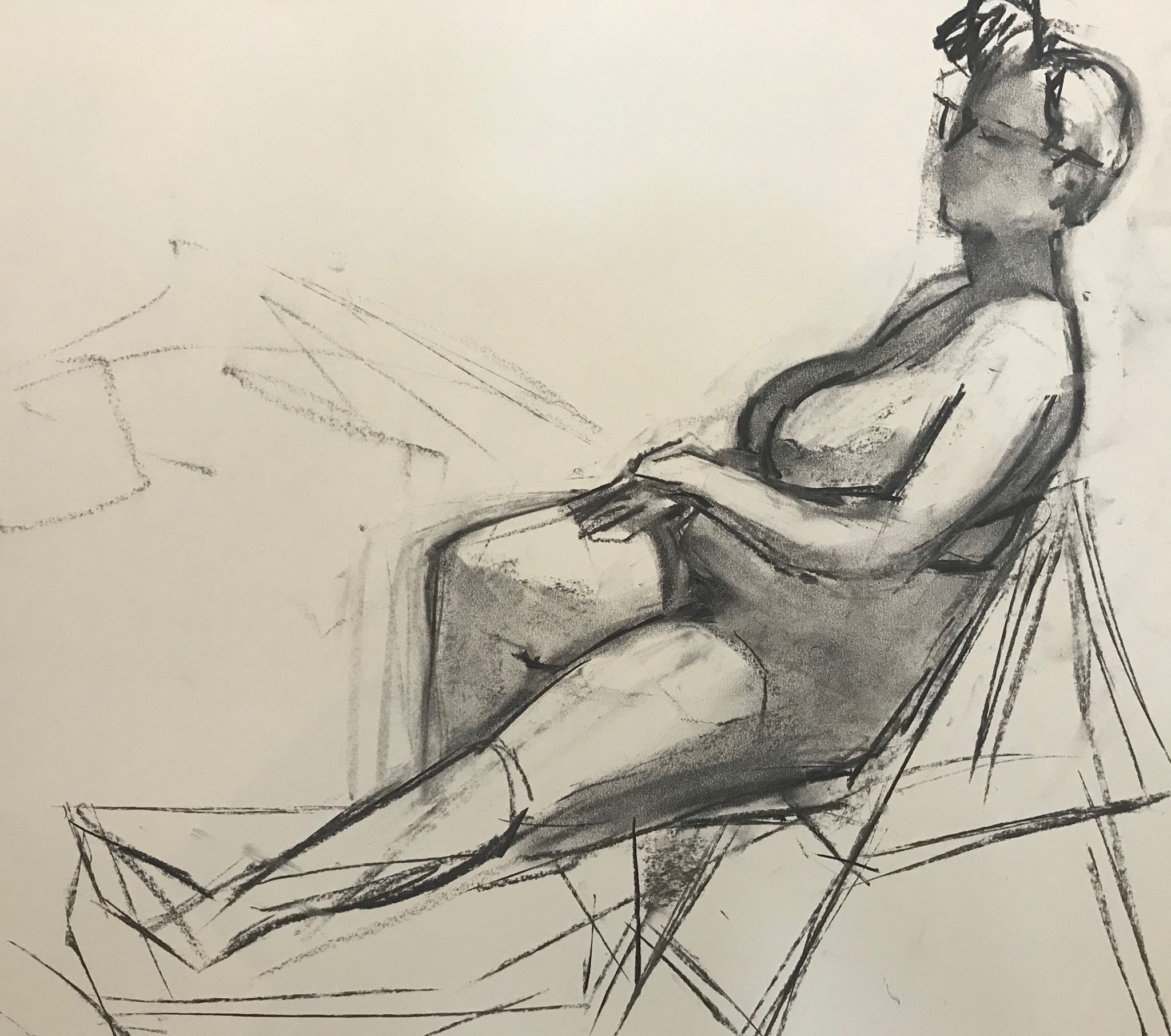 Figure reclining in a chair (2), charcoal on paper, 18x24 inches (my drawing)