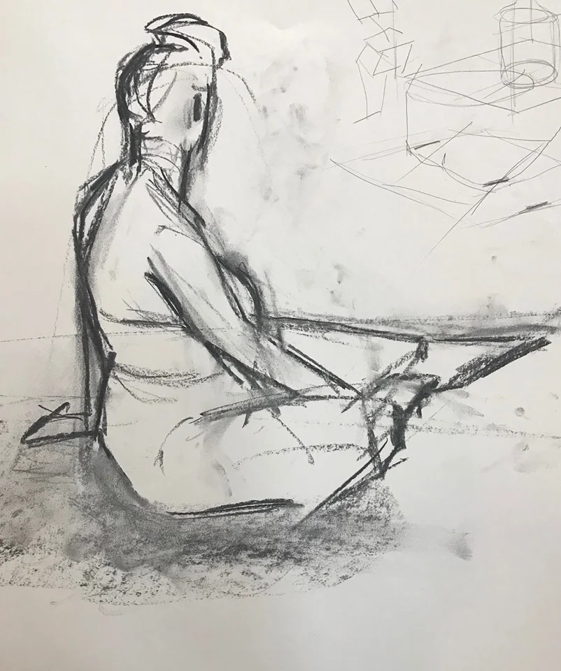 Seated Figure, Turning Away, charcoal on paper, 24x18 inches (my drawing)