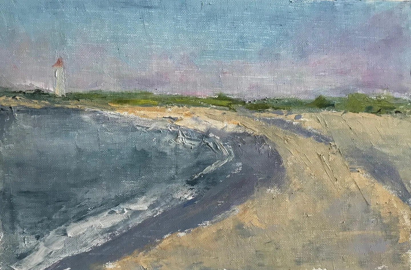 “Lighthouse at Dawn” oil on linen mounted on board, 6.25x9.5 inches