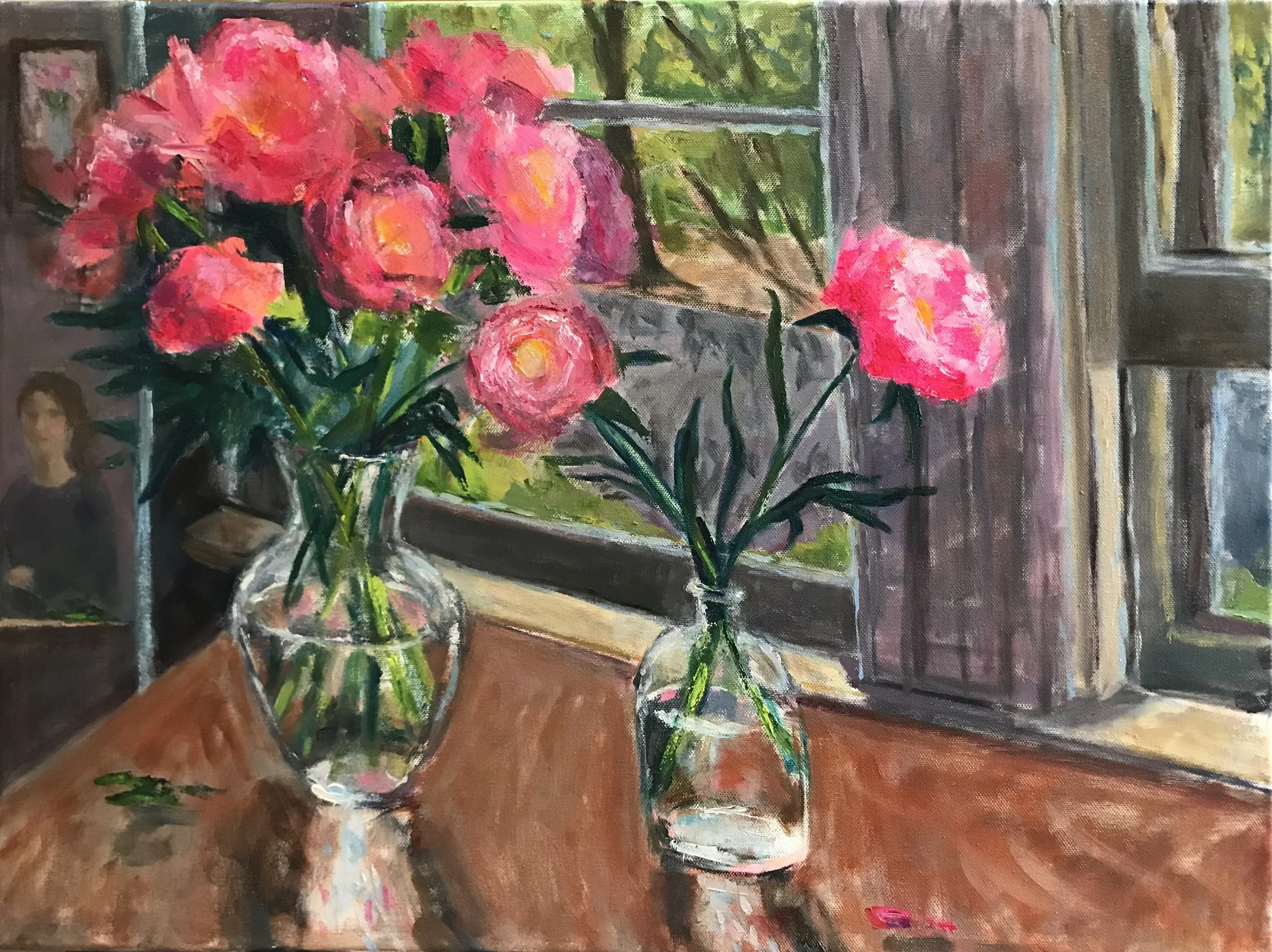 Self portrait with pink peonies