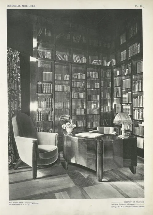Image from Ensembles Mobiliers, 1925. Caption: "Cabinet de travail, Maurice Dufrêne, décorateur, édité par la Maîtrise des Galeries Lafayette."