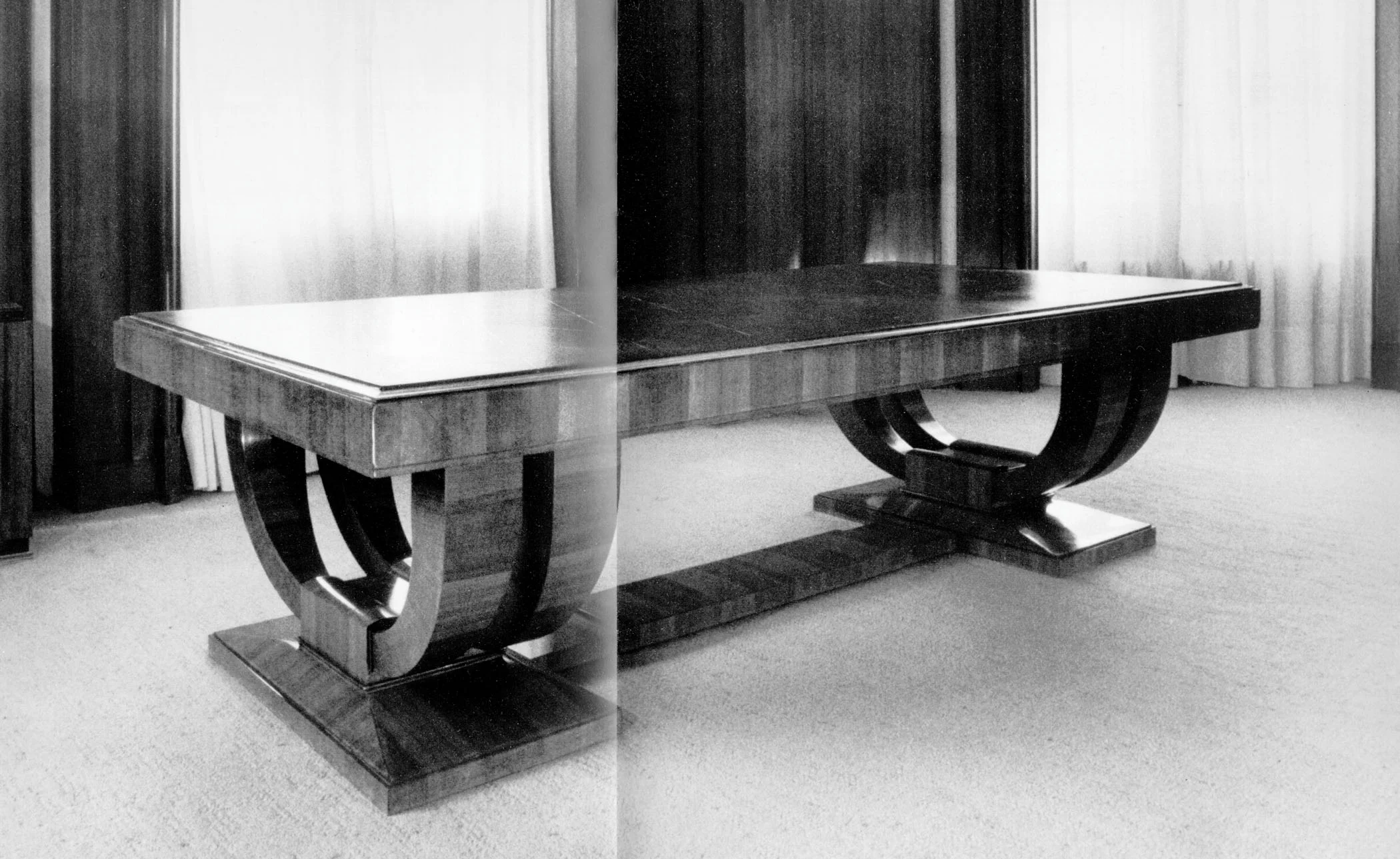 Émile-Jacques Ruhlmann, Dining Table. Rosewood, Green morocco, Silver plated Bronze. Specific year unknown. Pre-1933.