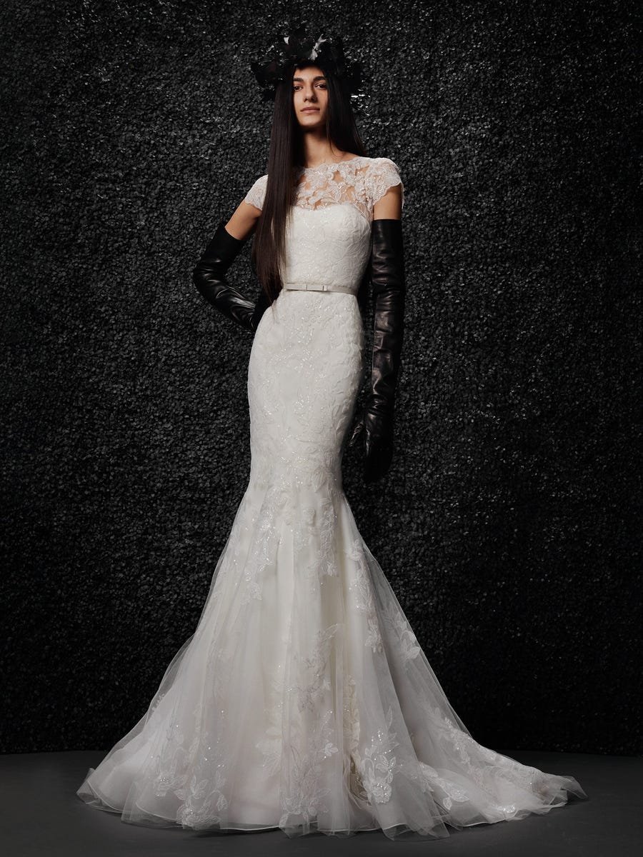 woman wearing Vera Wang Bride Mireille high neckline wedding dress