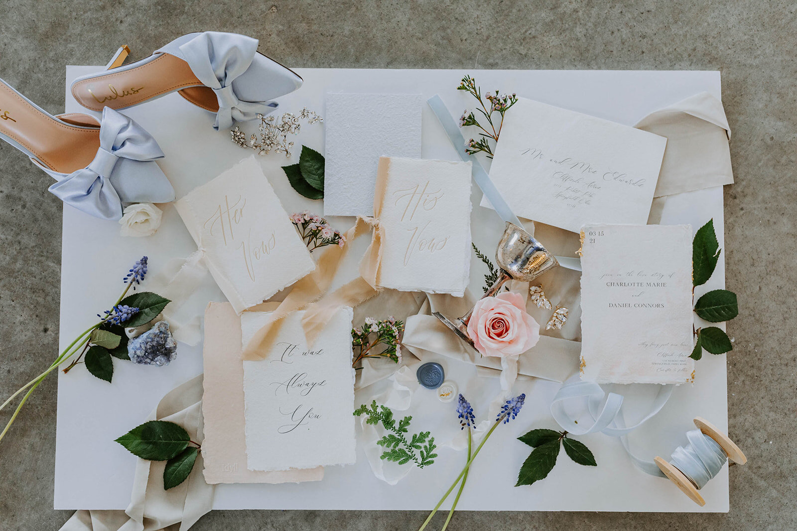 Wedding detail flat lay.