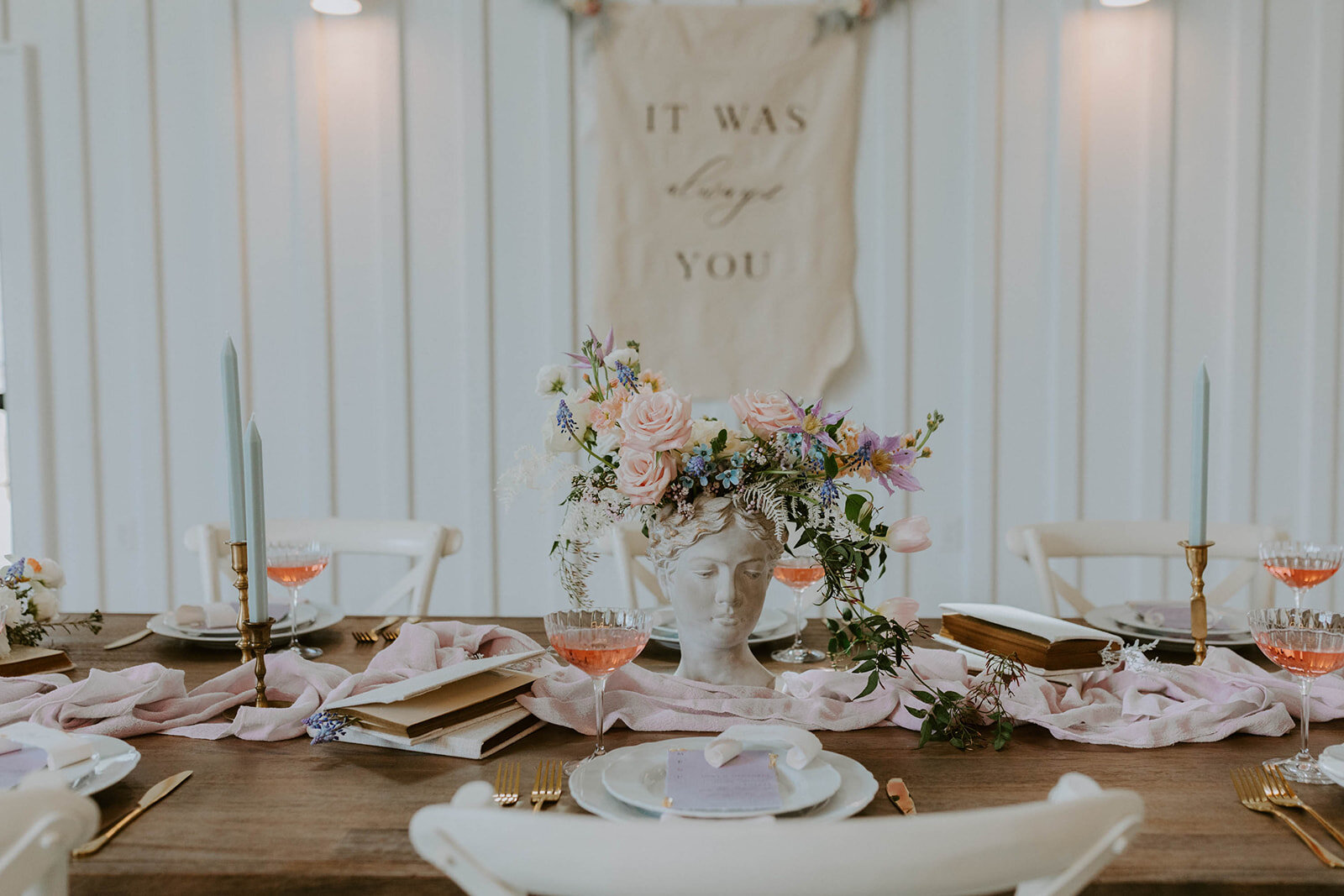 Romantic wedding styled shoot. Elegant table lay with colorful florals.
