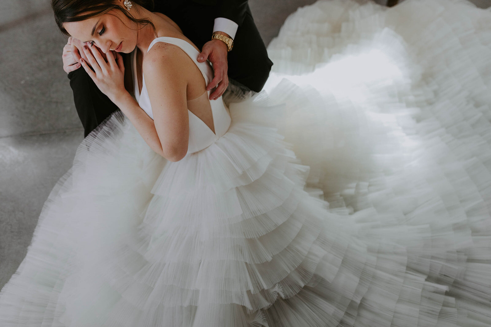 Romantic wedding styled shoot at Cliffside Acres. Bride is wearing Ross by Rivini, a textured ball gown wedding dress.