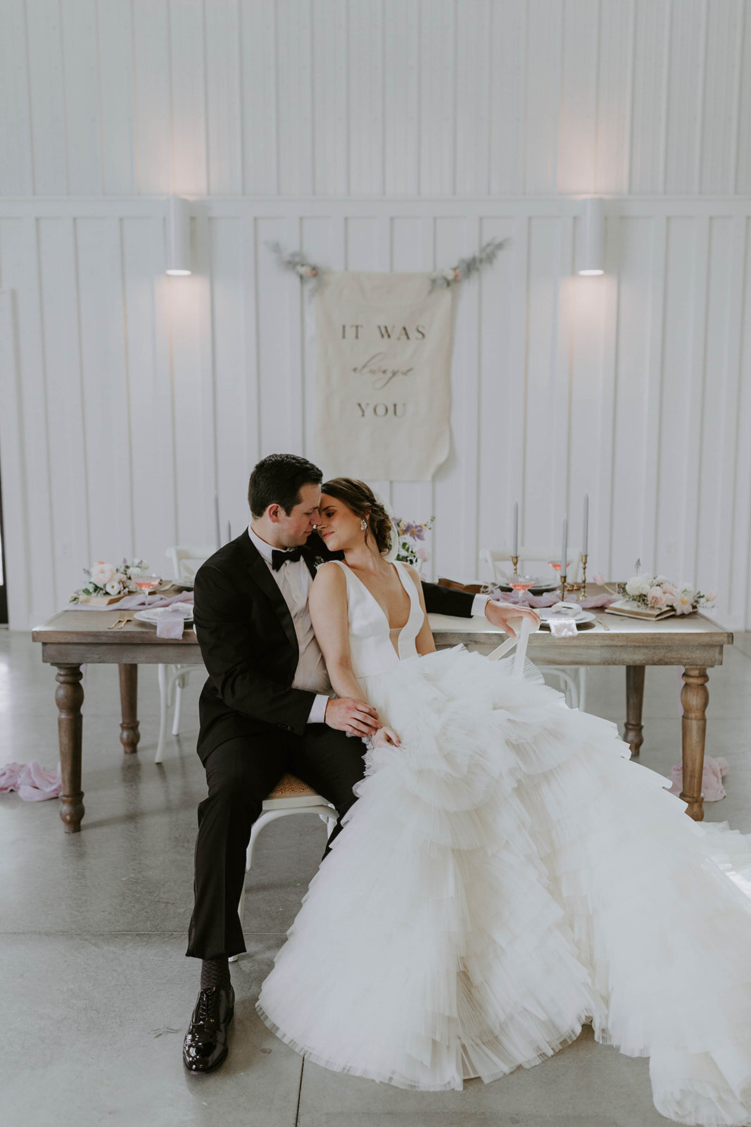 Romantic wedding styled shoot at Cliffside Acres. Bride is wearing Ross by Rivini, a textured ball gown wedding dress.